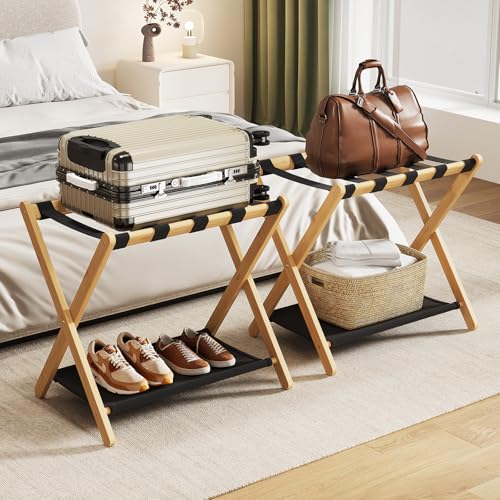 oakvivo Natural Bamboo Foldable Luggage Rack 2-Pack with Storage Shelf for Guest Room