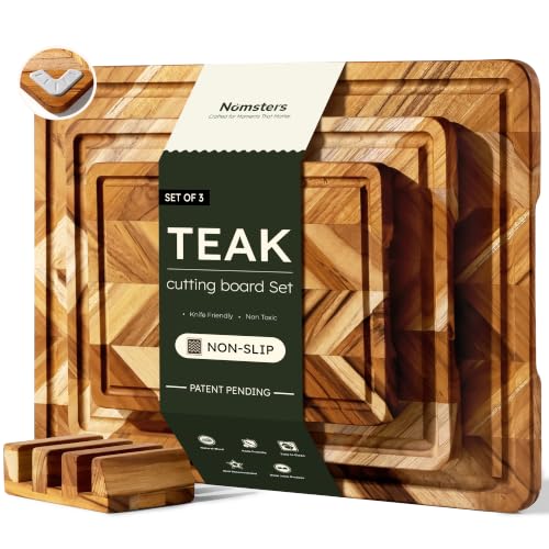 Nomsters 3-Pack Heavy-Duty Teak Cutting Boards with Non-Slip Base - Herringbone Wood Set