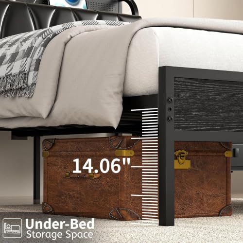 VECELO Full Size Platform Bed Frame with Upholstered Headboard & Storage Bench, Black
