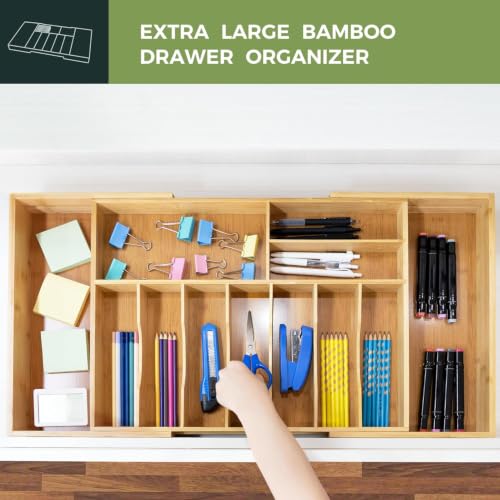 VaeFae Expandable Extra Large Bamboo Silverware Drawer Organizer with Knife Block, 20.6-35.04"