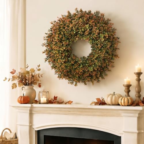 Waipfaru 2-Pack 26-Inch Fall Boxwood Wreaths for Front Door, Orange-Green