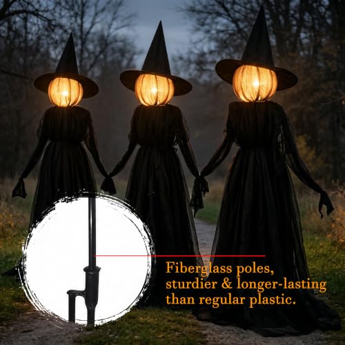 5 Ft Halloween Witches Decor Set of 3 with Lighted Faces, Outdoor Stakes & Timer