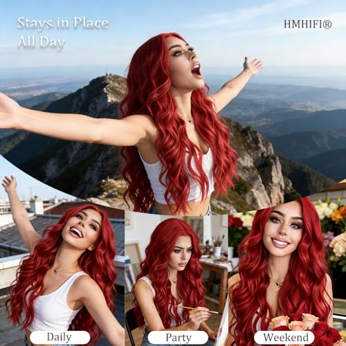 Red Wavy Wig for Women - 26 Inch Long Curly Middle Part Hair - Variation of 26'' / Red