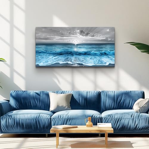 Large Canvas Wall Art - Blue Sea Wave Ocean Painting 24x48 Inch for Living Room Bedroom Office Decor - Variation of THIS listing