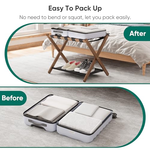 Walnut Bamboo Luggage Rack Set of 2 - Foldable Suitcase Stand with Storage Shelf