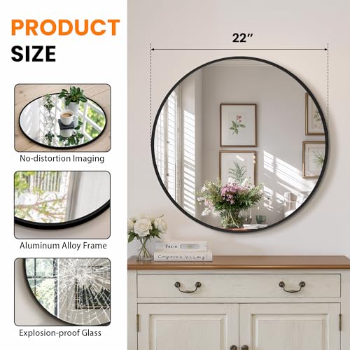 TRAHOME Matte Black Round Bathroom Mirror 22 Inch - 2 Pack Wall Decor