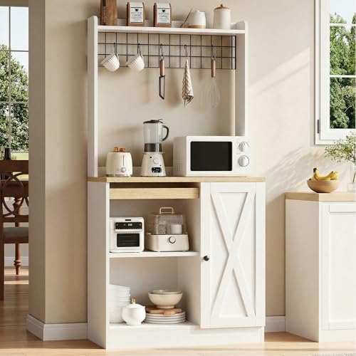 IRONCK White Bakers Rack with Pull-Out Shelf and Power Outlet - Kitchen Storage