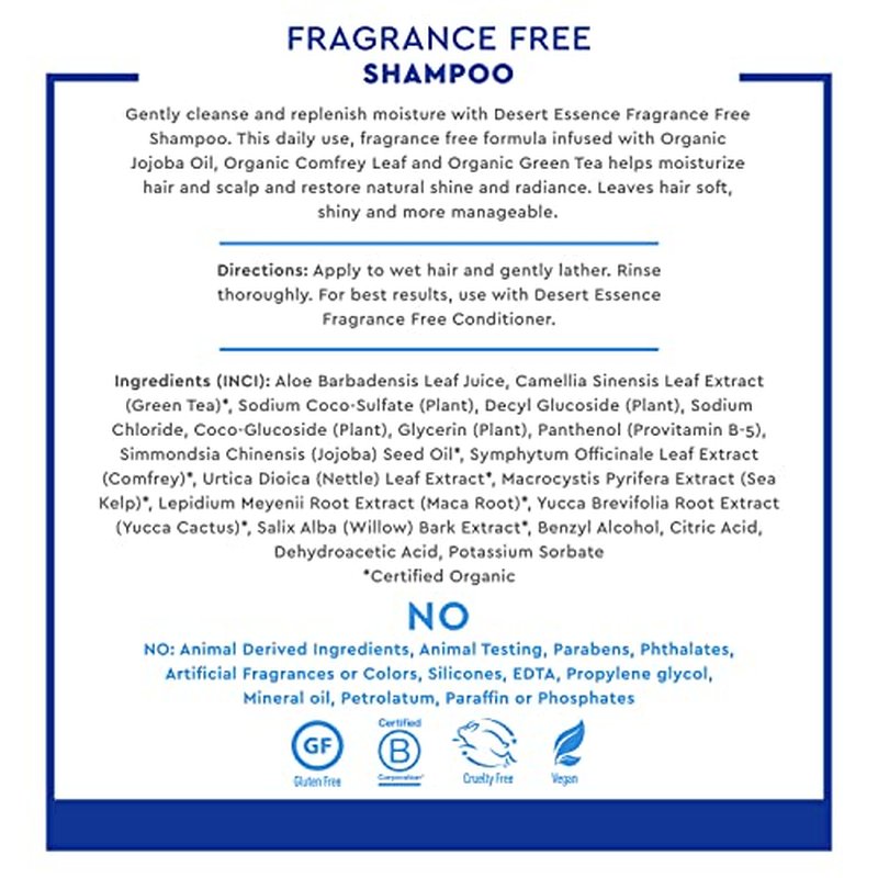 Desert Essence Fragrance Free Shampoo - Pure - 8 Fl Ounce - Pack of 3 - Unscented - Gloss & Shine - Strengthens Hair - Soft & Revitalized - Green Tea - Vitamins & Minerals - Jojoba Oil