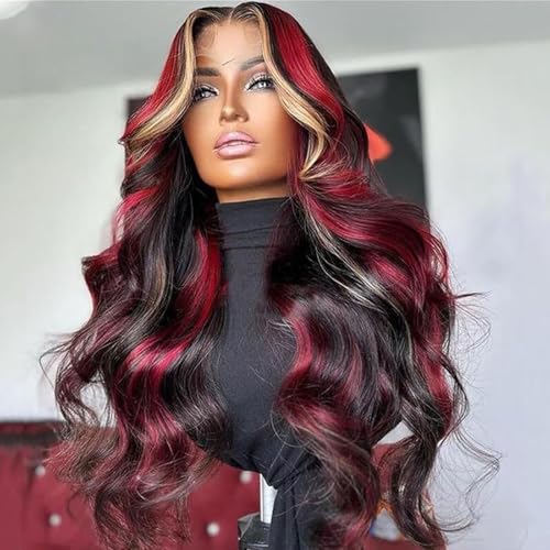 EVLYNN 26in 13x4 HD Lace Front Wig - Black Red with Blonde Highlight, Pre-Plucked, Baby Hair, Wavy Skunk Stripe