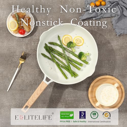 Ceramic Nonstick Skillet Set with Lids - 7 Pieces, Cream White, 8-11 Inch