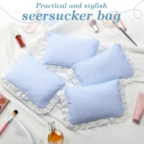 Seersucker Cosmetic Bag for Women - Light Blue 8 Pcs Set with Lace Trim - Travel & Makeup Organizer