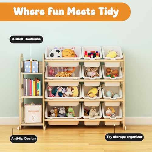 Kids Toy Storage Organizer with 12 Bins and Bookshelf - White, 42" Wide