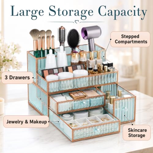 YD Youdepot Green Tempered Glass Makeup & Vanity Organizer for Cosmetics & Skincare