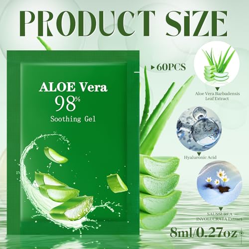 60 Pcs Travel Size Aloe Vera Gel 98% Organic After Sun Moisturizer for Face, Body, Soothing Hydrating Lotion Bulk for Winter Vacation, Guests Skin Care Gifts