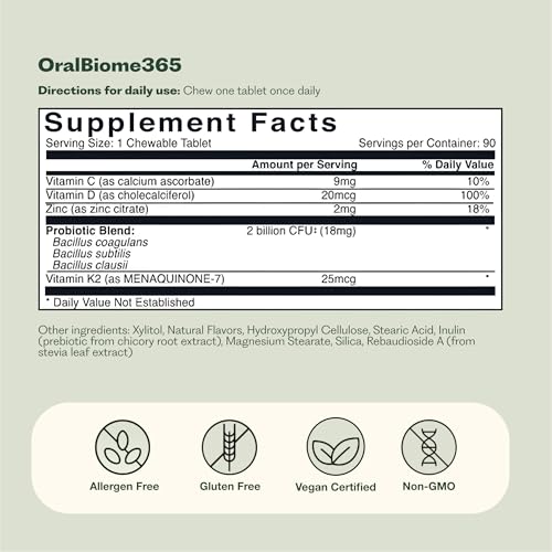 OralBiome 365 3-in-1 Chewable Probiotics for Breath, Gut & Immune Support - Vanilla Mint, 90 Servings