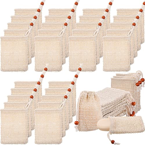 Woanger Natural Sisal Soap Bag 5.7 x 3.7 Inches Mesh Exfoliating Soap Saver Bag with Drawstring Foaming and Drying Holder for Shower Kitchen Bathroom Travel Hotel(150 Pcs)