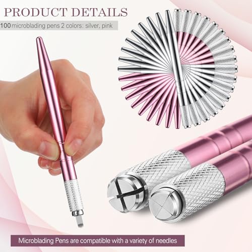 Gisafai 100 Pcs Microblading Pen Manual Eyebrow Pens Supplies Aluminum Microblade Pen Tool Holder Hand Tools for Makeup Supplies Salons (Silver,Pink)