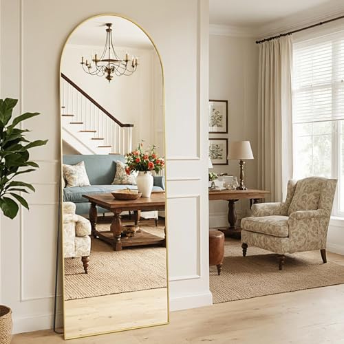 Full Length Arched Floor Mirror with Stand - 64x21 Inches, Gold Frame