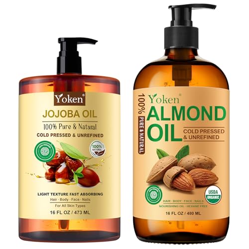 Almond Oil and Jojoba Oil Bundle 16 fl oz - 100% Pure Natural Cold Pressed Carrier Oils for Skin, Hair & Body - Certified Organic Moisturizing Oil