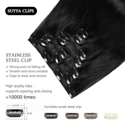 Clip In Hair Extensions Human Hair 14 Inch Jet Black 70G - Suyya