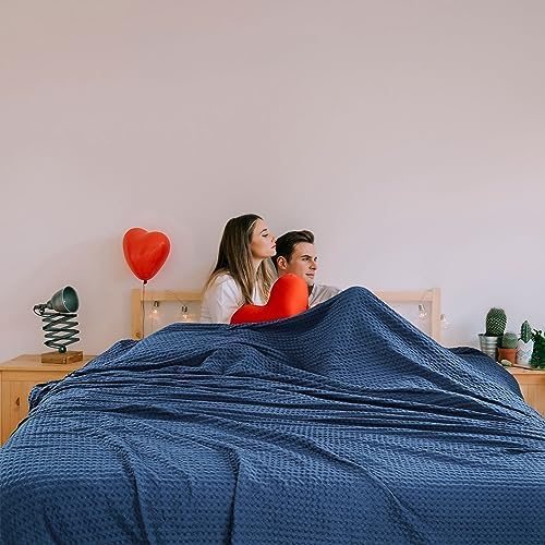 Oversized King Cotton Blanket - 120x120 Inches Blue - Soft Breathable Waffle Bed Cover