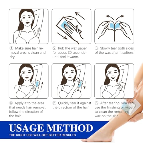 Wax Strips Hair Removal Kit ? 60 Wax Strips + 10 Calming Oil Wipes, No Heating Required, Gentle & Effective for Face, Legs, Arms & Underarms, For Sensitive Skin, Beach Travel Essentials Kit