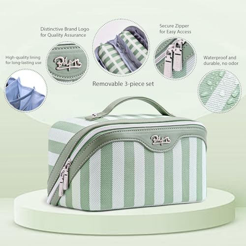 BOYATU Green Striped Travel Makeup Bag Set with Detachable Compartments - Model A-2