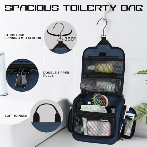 Goloni Water-Resistant Hanging Toiletry Bag for Men & Women - Blue, 10 Compartments Travel Organizer