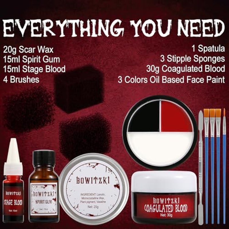 Bowitzki Halloween Makeup Kit SFX Scar Wax Special Effect Makeup,Coagulated Blood + 3 Colors Oil Based Face Paint + Spirit Gum + Skin Wax + 3 Stipple Sponges + Spatula