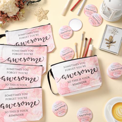 15 Sets Pink Thank You Gifts for Women, Inspirational Gifts Bulk for Female Client Teacher Employee Coworker, Sometimes You Forget You're Awesome Makeup Bags and Compact Mirrors for Party