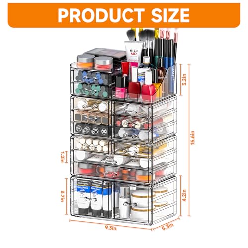 4 Pack Acrylic Makeup Organizer with 14 Drawers for Vanity and Bathroom Storage - Clear
