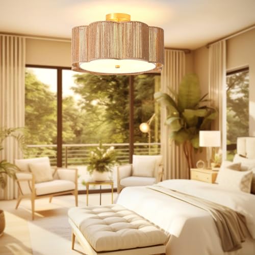 17.7-Inch Rattan Flush Mount Ceiling Light - Boho Farmhouse Drum Chandelier, Yellow, 3-Light