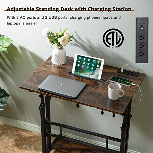 Hadulcet Adjustable Height Mobile Standing Desk with Charging Station - Rustic Brown, 31.5"