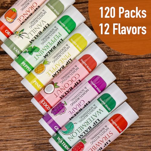AZEN 120 Pack Lip Balm Bulk Set - 12 Flavors Moisturizing Lip Balms with Natural Ingredients - D-120