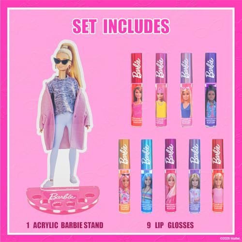 Townley Girl Barbie Lip Gloss with Acrylic Stand for Storage and Display, Plant Based Lip Gloss, Perfect for Parties, Sleepovers, Makeovers, Birthday Gift for Girls, Age 3