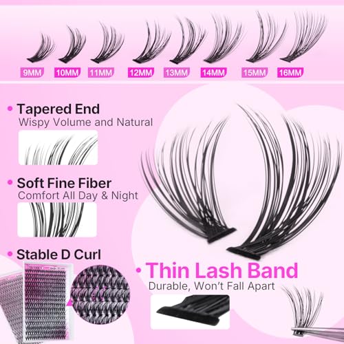 Yawamica Lash Clusters Kit 320pcs Eyelash Clusters D Curly 9-16mm 40D Individual Lashes Wispy Lash Extension Kit with Bond and Seal and Lash Remover and Lash Applicator for Eyelash Extension Beginners