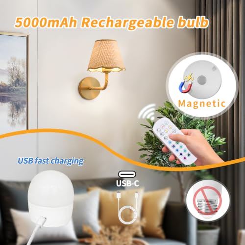 2 Pack Battery Operated Rattan Wall Sconces for Bedroom Living Room – Handcrafted Boho Wall Lights with Remote Control