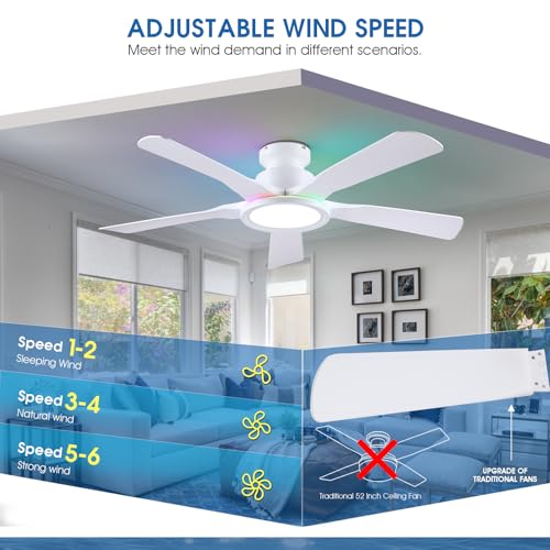 Wiviniya 52-Inch White RGB Ceiling Fan with Remote & App Control, Dimmable Light
