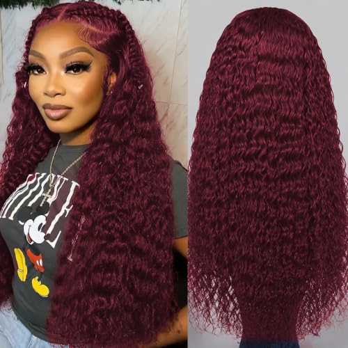 Red Lace Front Wigs Human Hair 13x6 Deep Wave 18 Inch 99J Burgundy Wet & Wavy