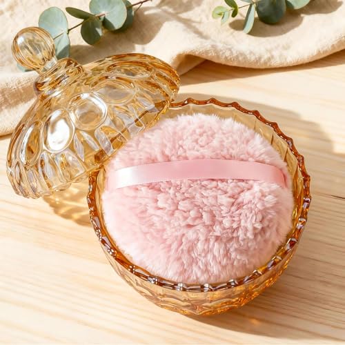 kanpura 2 Pcs Extra Large Body Powder Puff and Container Clear 6 Inch Body Powder Puff and Crystal Container for Baby Women Reusable, Washable, Wet and Dry Makeup (Amber)