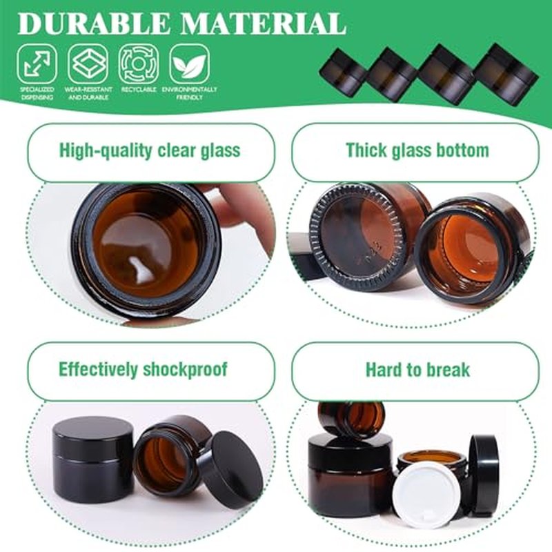192Pcs 5g 10g 15g 20g Amber Glass Jars Assorted Kit with Black Lids, Inner Liners, Spoons and blank labels for Storing Lip and Body Scrub, Bath Salts, Lotion, Body Butter