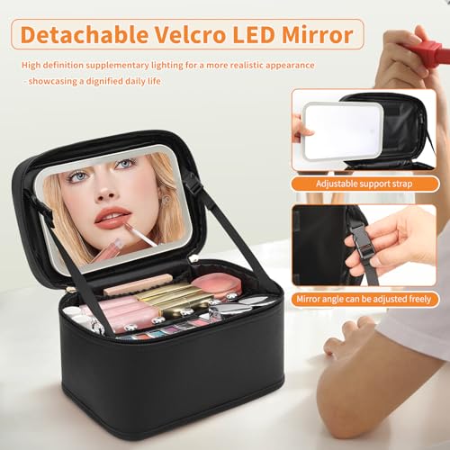 Travel Makeup Bag with LED Mirror - Detachable Brush Storage, Black 001