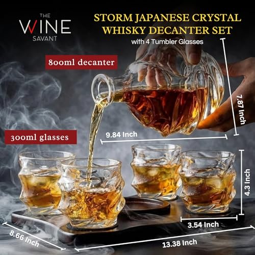 Mountain Whiskey Decanter Set with 4 Tumbler Glasses and Wood Base - Japanese Crystal, Lead-Free, 750ml