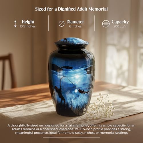 Fishing Urn for Human Ashes - Large Blue Cremation Memorial with Velvet Bag & Funnel - Variation: Large Fishing