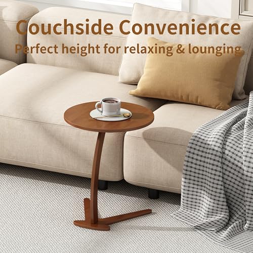 FIDOOM 17-Inch C-Shape Solid Wood Side Table for Sofa Under-Bed Use (Chestnut, Large-17")