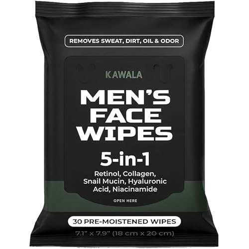 Mens Face Wipes 5-in-1 Anti-Aging Face Cleansing Wipes for Mens Skin Care with Retinol, Collagen, Snail Mucin, Hyaluronic Acid & Niacinamide ? Alcohol-Free for Oily or Acne-Prone Skin Woodsy Scent