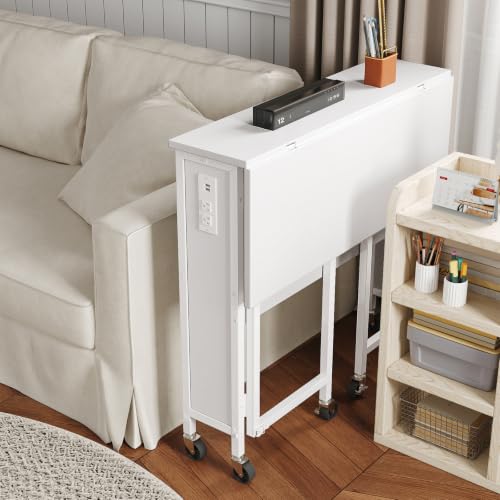 White Folding Computer Desk with Power Outlets - Portable Rolling Office Table