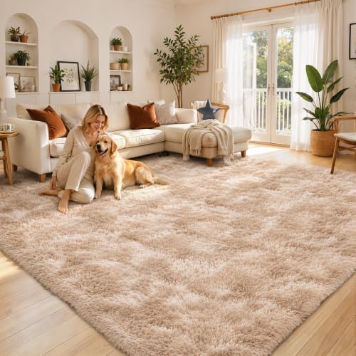 8x10 Dark Beige Tie-Dyed Shag Area Rug for Living Room & Bedroom, Soft Plush Carpet