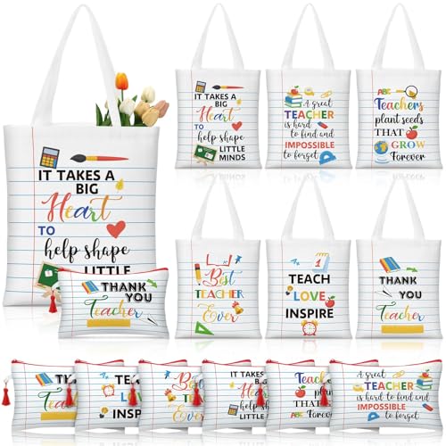 Paterr 12 Pcs Christmas Teacher Appreciation Gift for Women Christmas Gifts Ideas Basket Filler Canvas Teacher Tote Bag with Makeup Bag Notebook Style for Office School Classroom Supplies