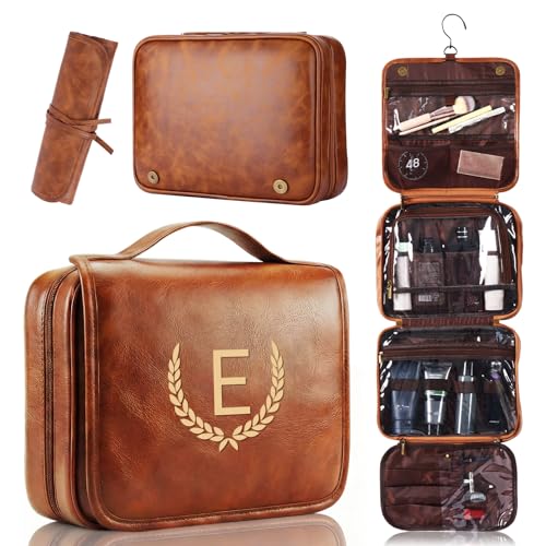 Personalized Hanging Travel Toiletry Bag for Men - Light Brown, Initial E, Large Organizer & Dopp Kit with Water-Resistant Compartments